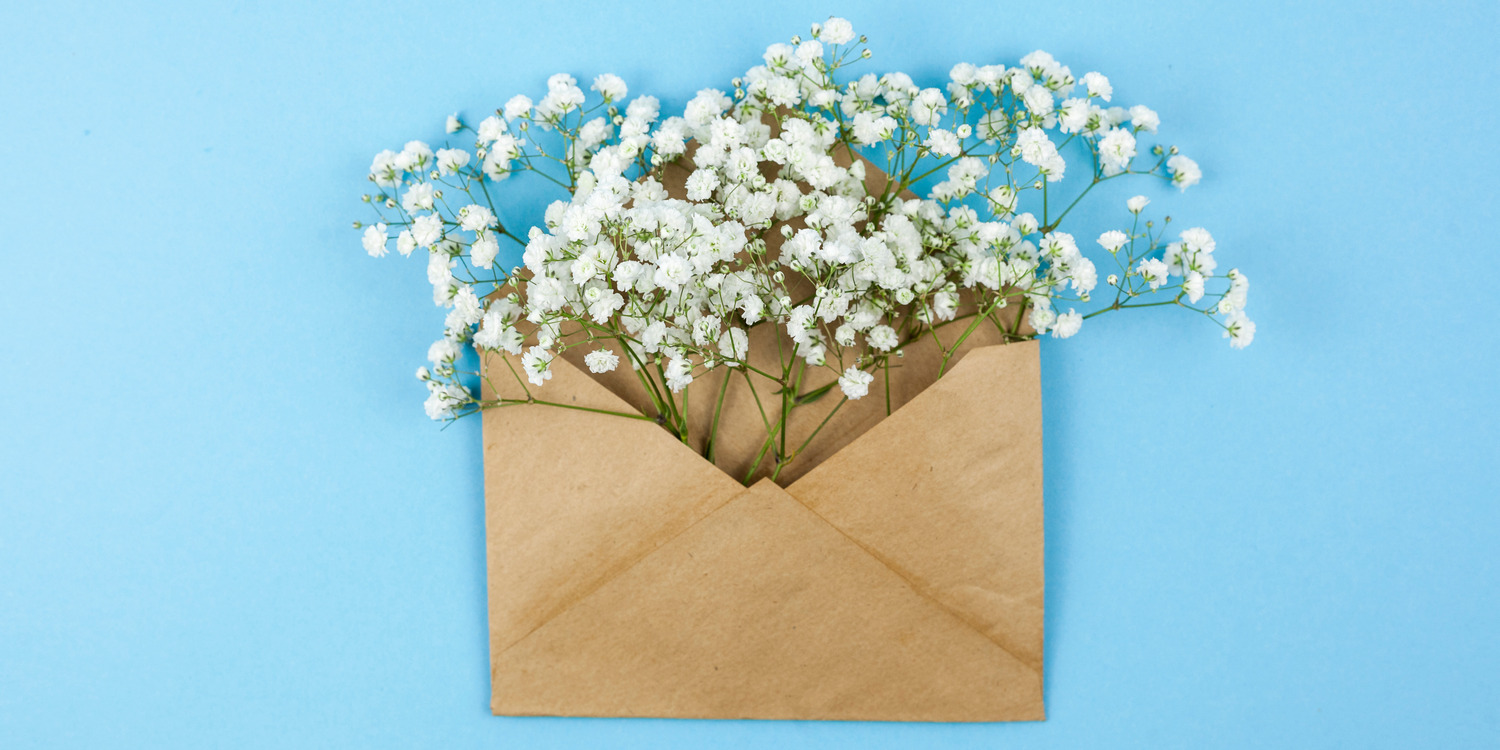 конверт из крафтовой бумаги и цветы
