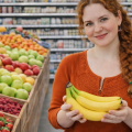 Женщина стоит в овощном отделе магазина с бананами в руках. На заднем плане ящики с мандаринами, красными и зелеными яблоками, ягодами и холодильники с молочной продукцией