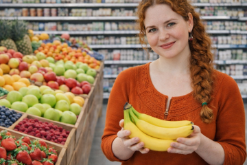 Женщина стоит в овощном отделе магазина с бананами в руках. На заднем плане ящики с мандаринами, красными и зелеными яблоками, ягодами и холодильники с молочной продукцией