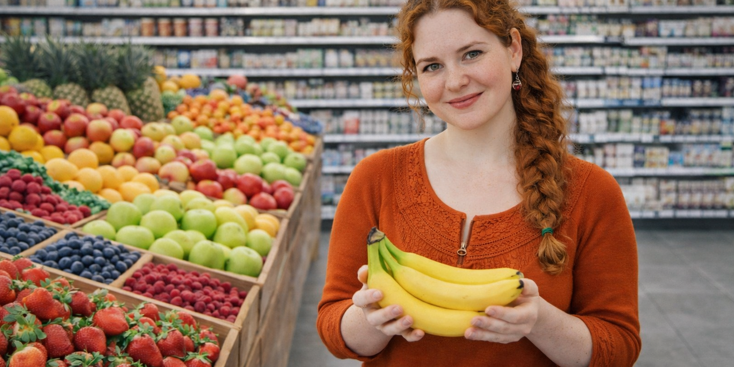 Женщина стоит в овощном отделе магазина с бананами в руках. На заднем плане ящики с мандаринами, красными и зелеными яблоками, ягодами и холодильники с молочной продукцией