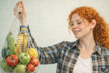 Рыжая девушка в белой футболке и клетчатой рубашке держит авоську с продуктами: кабачок, бутылка подсолнечного масла, зелёные яблоки, помидоры, лимон.
