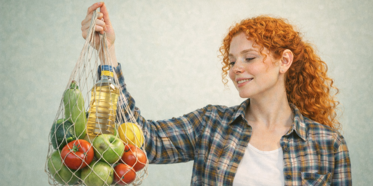 Рыжая девушка в белой футболке и клетчатой рубашке держит авоську с продуктами: кабачок, бутылка подсолнечного масла, зелёные яблоки, помидоры, лимон.
