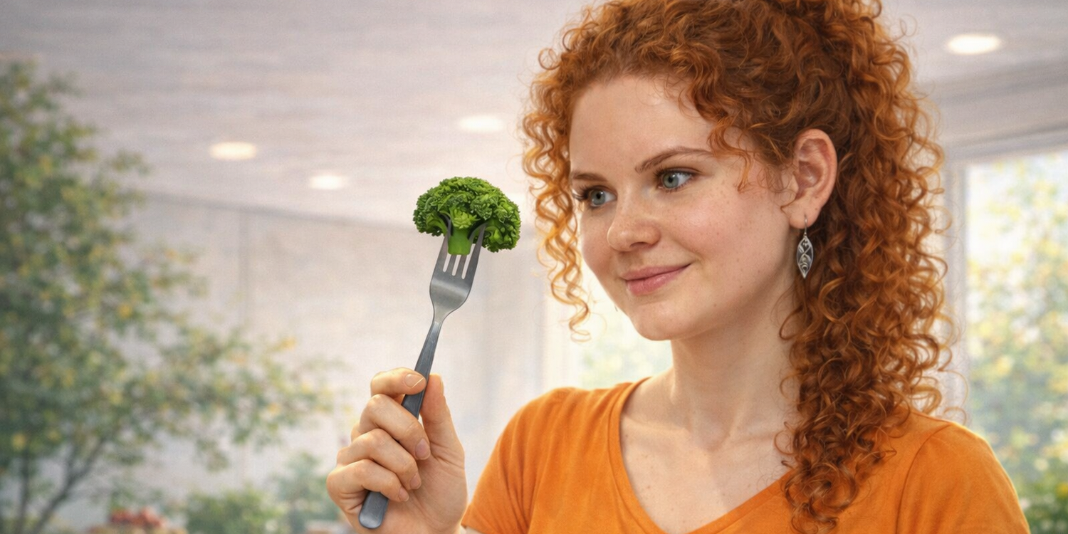 Рыжая кудрявая девушка держит в руке вилку с наколотым соцветием брокколи
