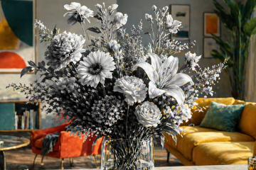 В комнате на столе в вазе стоит букет. Мир яркий, а цветы черно-белые