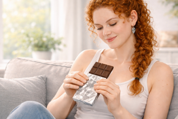 Рыжая кудрявая девушка сидит дома на диване и разворачивает плитку шоколада