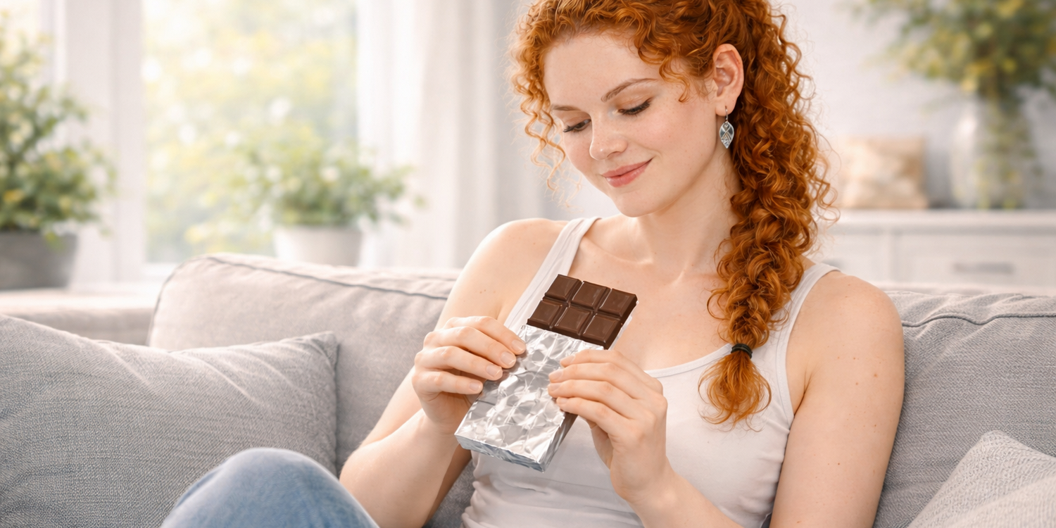 Рыжая кудрявая девушка сидит дома на диване и разворачивает плитку шоколада