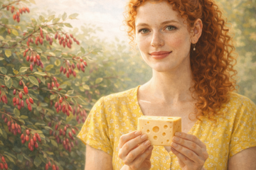 Девушка в жётлом платье сс куском сыра в руках стоит рядом с кустом барбариса, на котором висят красные ягоды