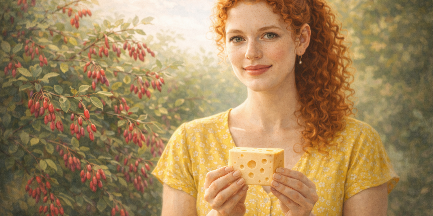 Девушка в жётлом платье сс куском сыра в руках стоит рядом с кустом барбариса, на котором висят красные ягоды