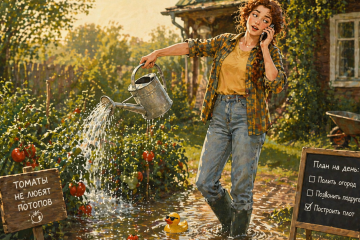 Девушка на дачном участке болтает по телефону и поливает помидоры