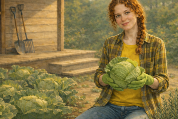 Девушка в огороде сидит между грядок с капустой и розмарином и держит в руках кочан