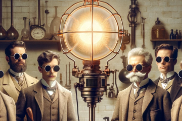учёные в темных очках рядом с источником света