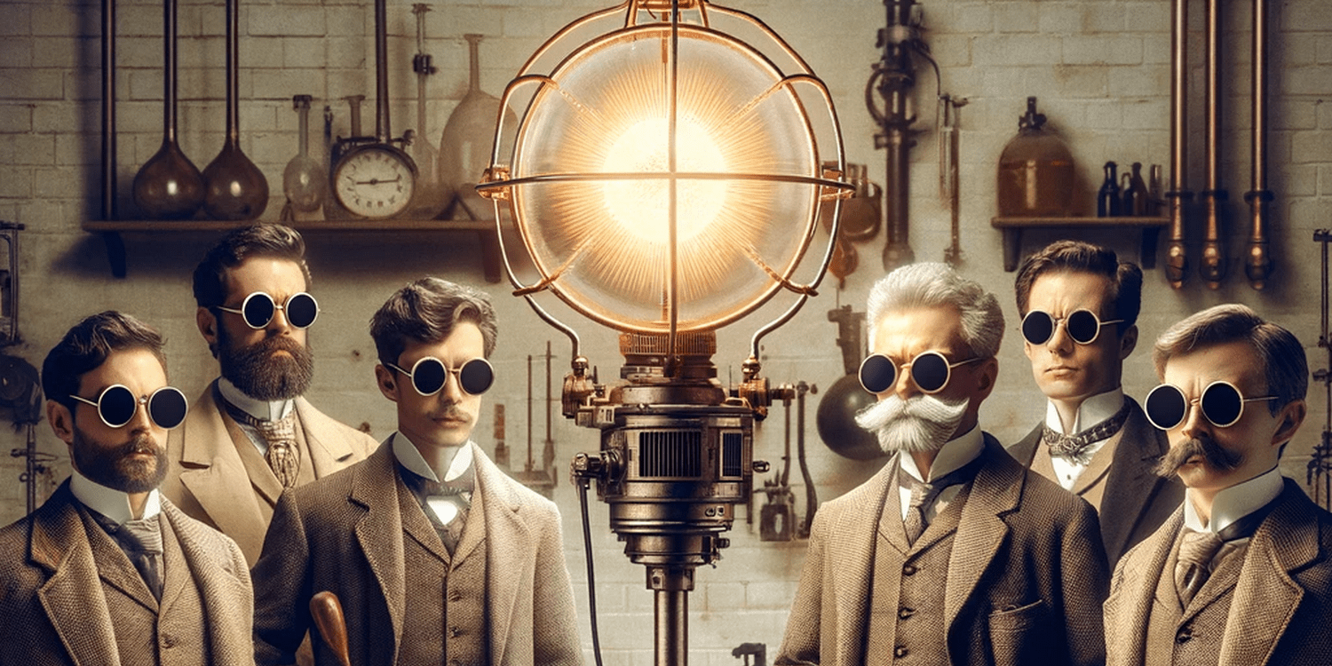 учёные в темных очках рядом с источником света