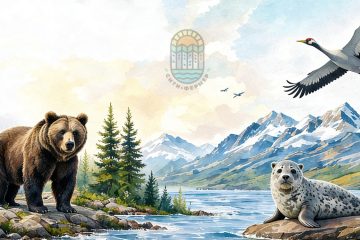 На берегу реки стоит медведь, на камнях лежит тюлень, в небе летит журавль. А вдалеке виднеются горы