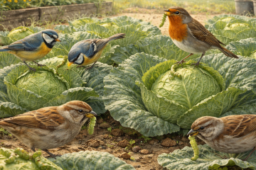 По грядке с капустой ходят птицы и едят гусениц