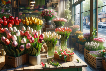 букеты тюльпанов в цветочном магазине