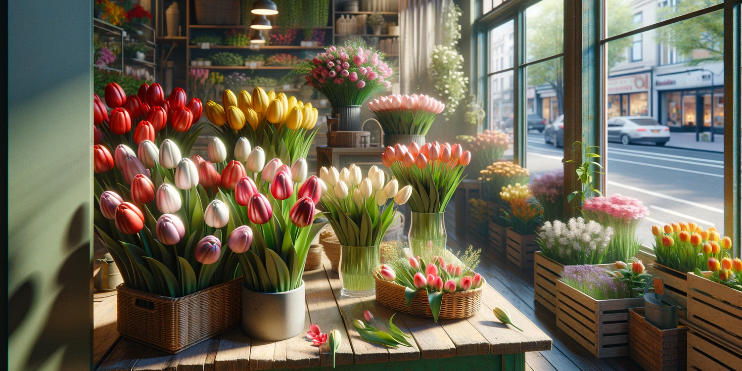 букеты тюльпанов в цветочном магазине