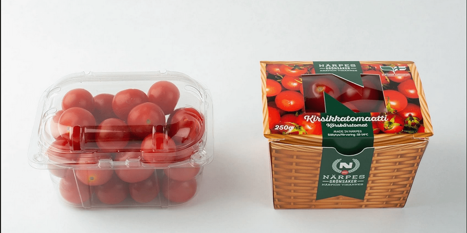 томаты черри в упаковке и ПЭТ-пластика и томаты черри в упаковке из картона