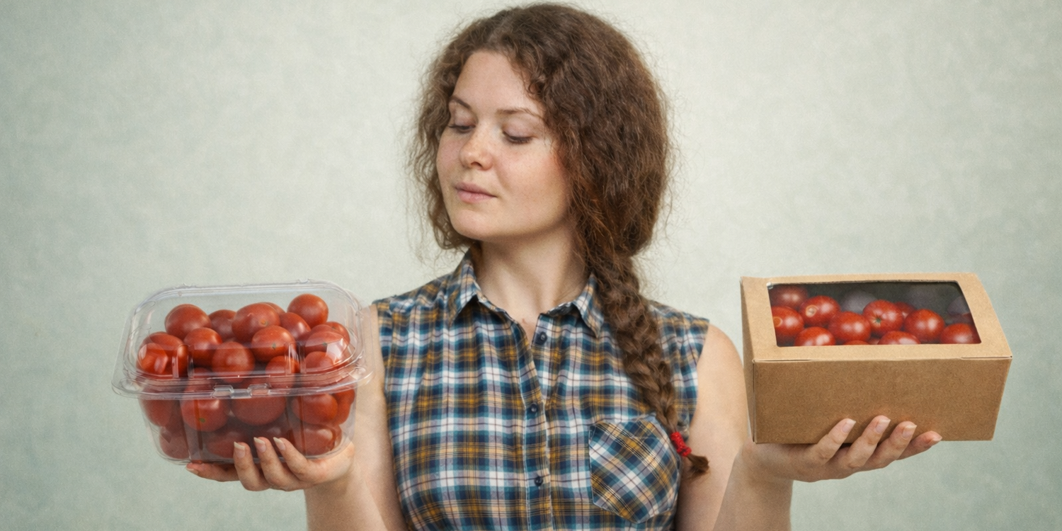 Девушка в клетчатой рубашке держит в одной руке пластиковый контейнер с помидорами черри, а в другой - картонную коробку с помидорами черри и сравнивает их