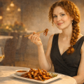 Рыжеволосая женщина в вечернем платье сидит в ресторане и при помощи китайских палочек ест кузнечиков, жареных во фритюре