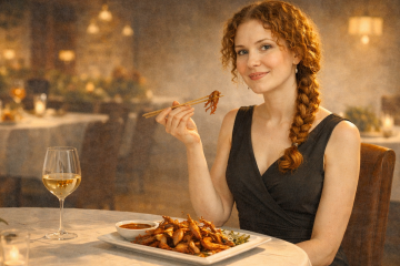 Рыжеволосая женщина в вечернем платье сидит в ресторане и при помощи китайских палочек ест кузнечиков, жареных во фритюре