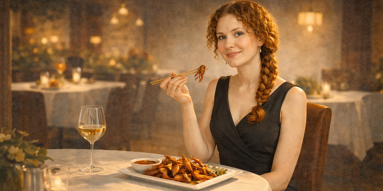 Рыжеволосая женщина в вечернем платье сидит в ресторане и при помощи китайских палочек ест кузнечиков, жареных во фритюре