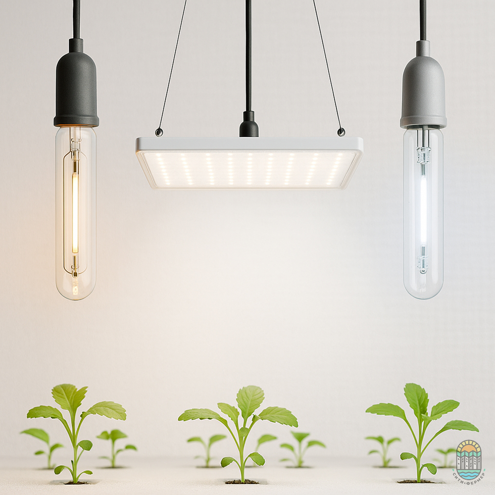 разные виды фитоламп над растениями