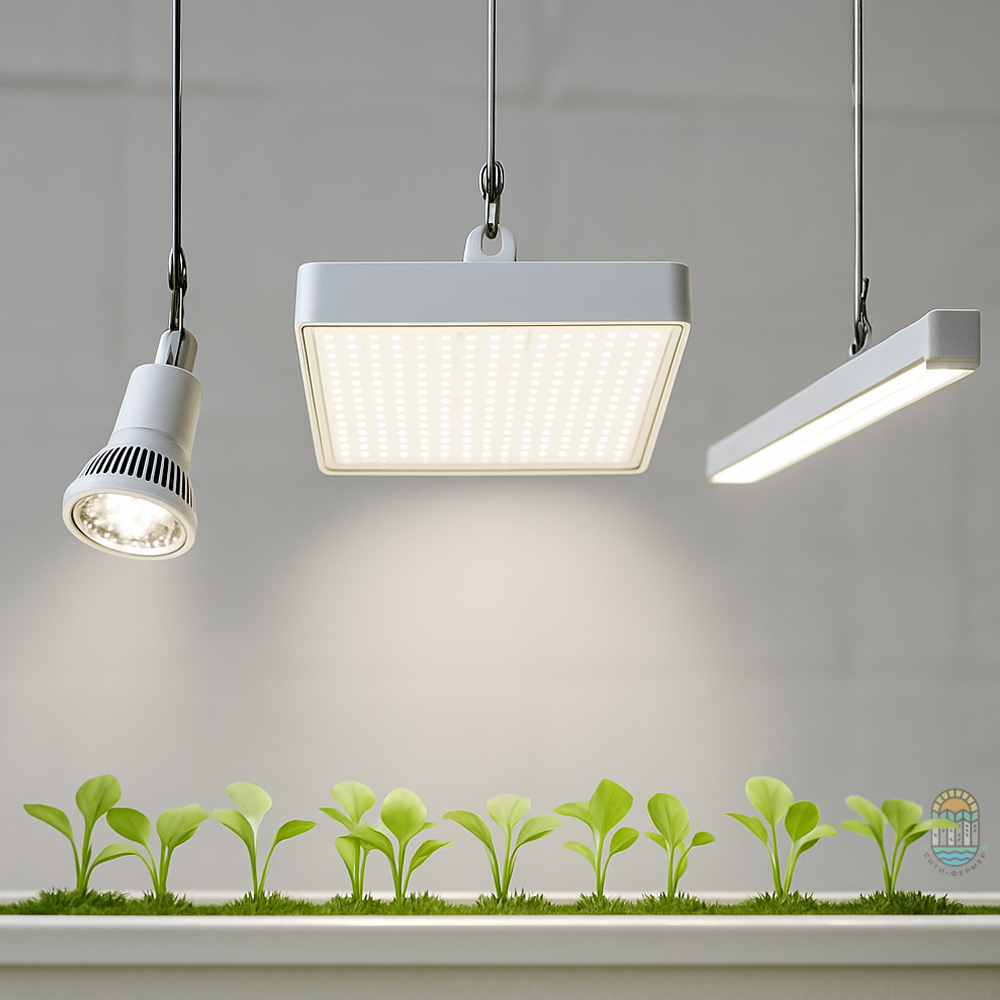 разные светодиодные светильники над растениями