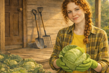 Молодаяженищин рядом с капусной грядкой держит в руках кочан капусты