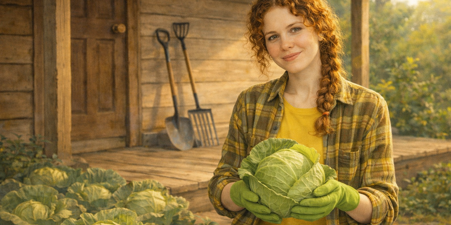 Молодаяженищин рядом с капусной грядкой держит в руках кочан капусты