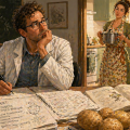 Ученый сидит за столом, ка котором лежат книги, бумаги, микроскоп, кружка и картофель. За ним стоит жена в фартуке и с кастрюлей в руках