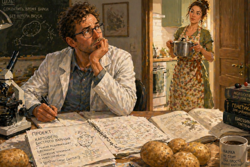 Ученый сидит за столом, ка котором лежат книги, бумаги, микроскоп, кружка и картофель. За ним стоит жена в фартуке и с кастрюлей в руках