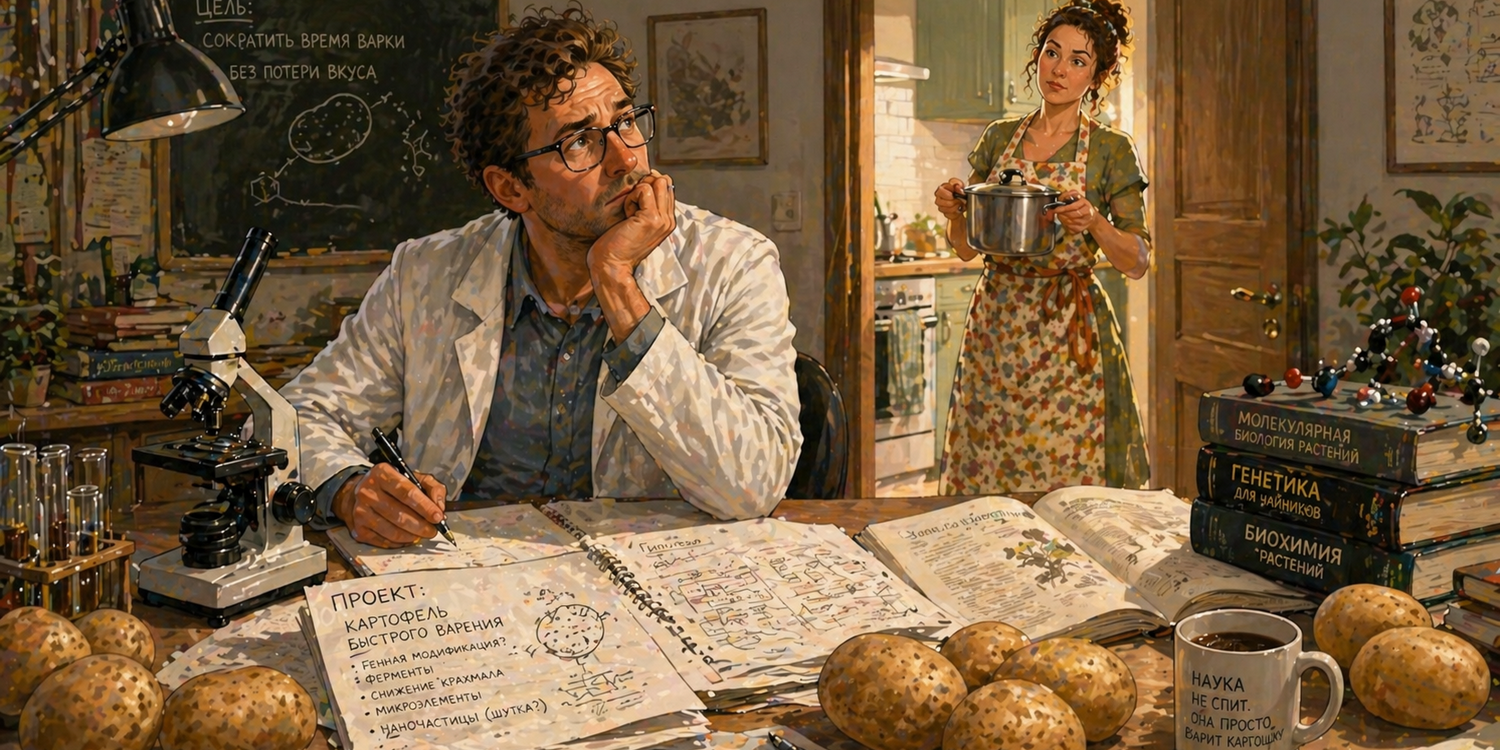 Ученый сидит за столом, ка котором лежат книги, бумаги, микроскоп, кружка и картофель. За ним стоит жена в фартуке и с кастрюлей в руках
