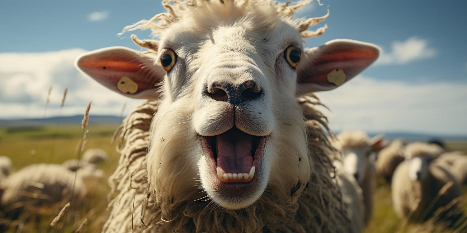 Радостная овца на фоне отары