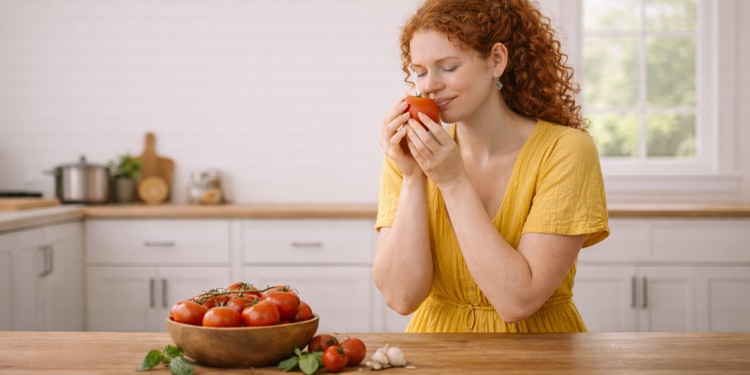 Девушка в желтом платье сидит на кухне с помидором в руках. Перед ней на столе миска с помидорами, рядом лежит еще несколько томатов, чеснок и базилик