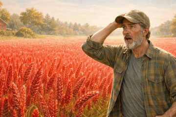 Фермер с удивлением смотрит на красную пшеницу, растущую на поле