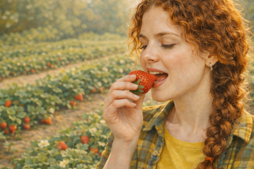 Девушка пробует сочную, спелую, крупную клубнику. Вокруг - грядки с клубникой