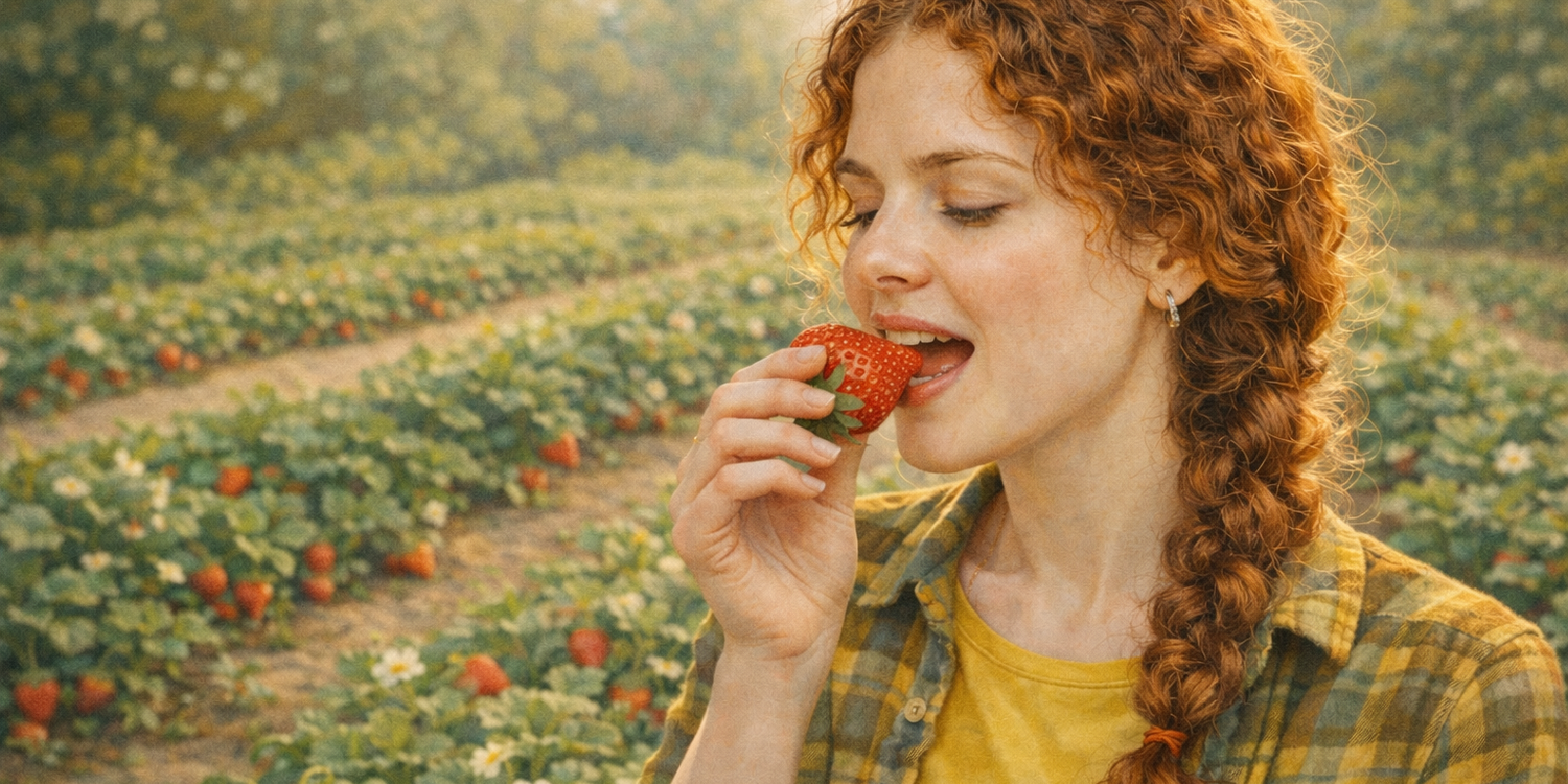 Девушка пробует сочную, спелую, крупную клубнику. Вокруг - грядки с клубникой