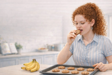Кудрявая рыжеволосая девушка на кухне пробует печенье. На столе — противень с печеньем и связка бананов