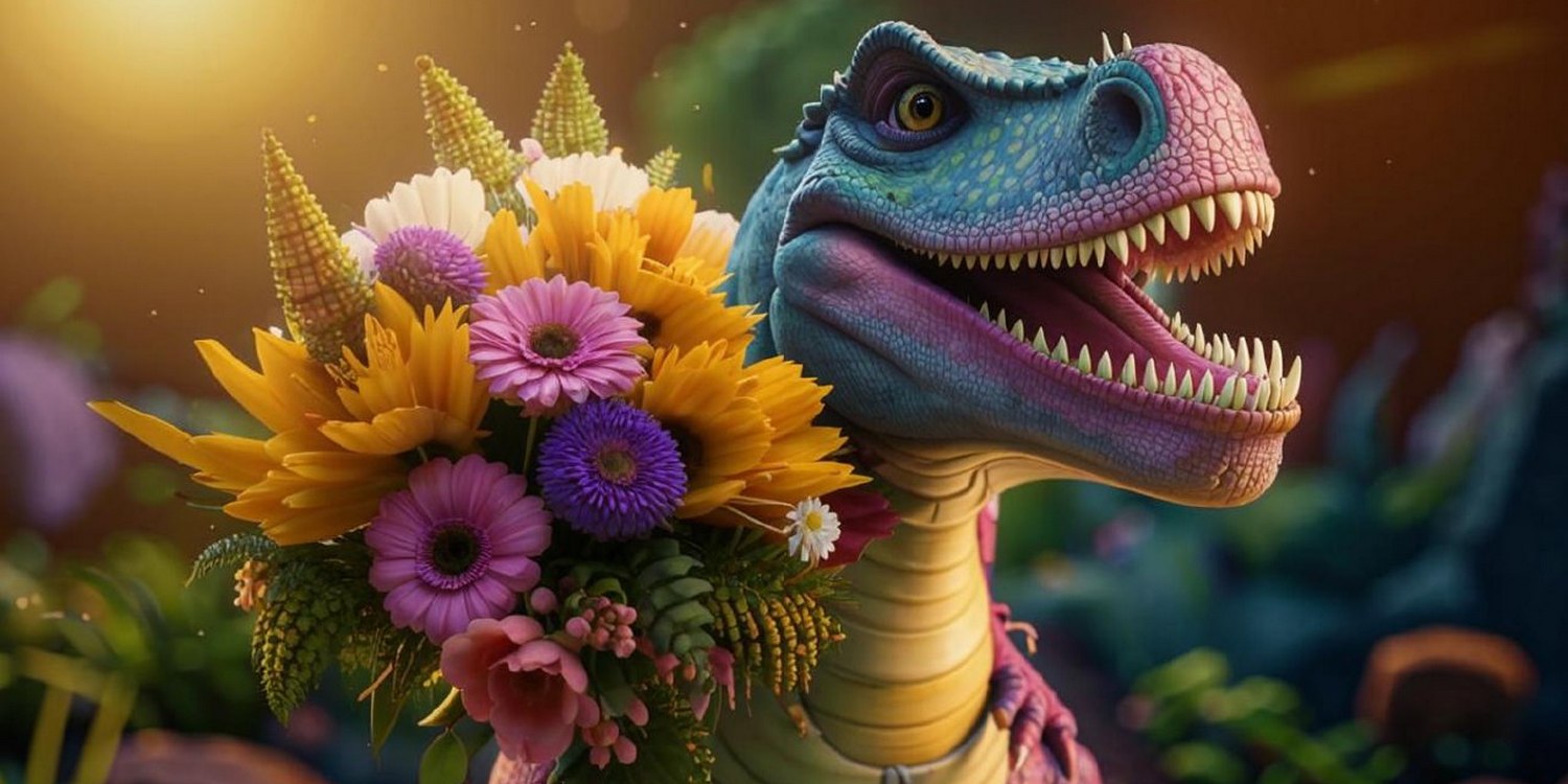 Динозавр и букет ярких цветов