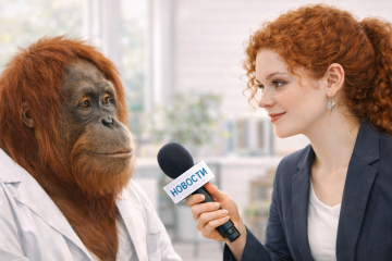 Ведущая новостей берёт интервью у орангутана в белом халате