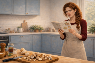 Девушка стоит на кухне в фартуке, читает книгу рецептов. Перед ней — стол, на нём лежат грибы, нож, приправы.