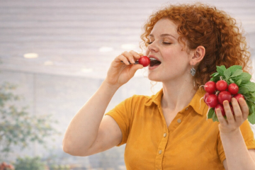 Рыжая кудрявая девушка в рубашке горчичного цвета держит свежий редис с ботвой