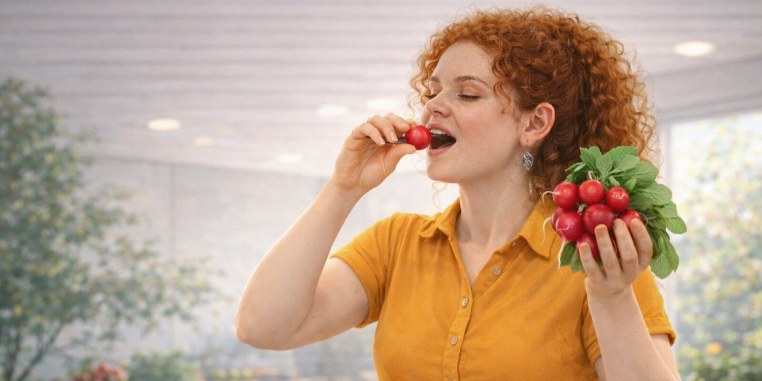 Рыжая кудрявая девушка в рубашке горчичного цвета держит свежий редис с ботвой