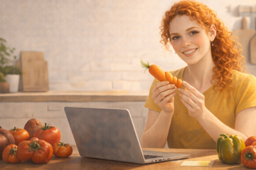 Девушка сидит за столом и держит в руках закрученную в спираль морковь. На столе стоит ноутбук и лежат другие нестандартные овощи: помидоры, перец, свекла