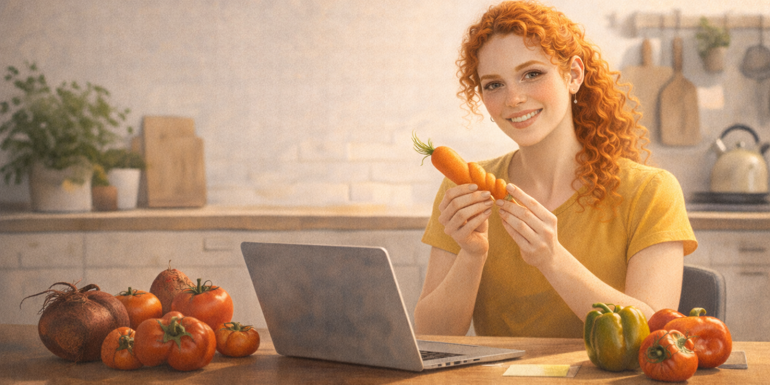 Девушка сидит за столом и держит в руках закрученную в спираль морковь. На столе стоит ноутбук и лежат другие нестандартные овощи: помидоры, перец, свекла