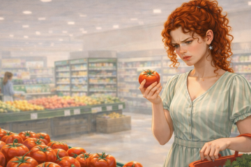 Рыжая кудрявая девушка выбирает помидоры в супермаркете