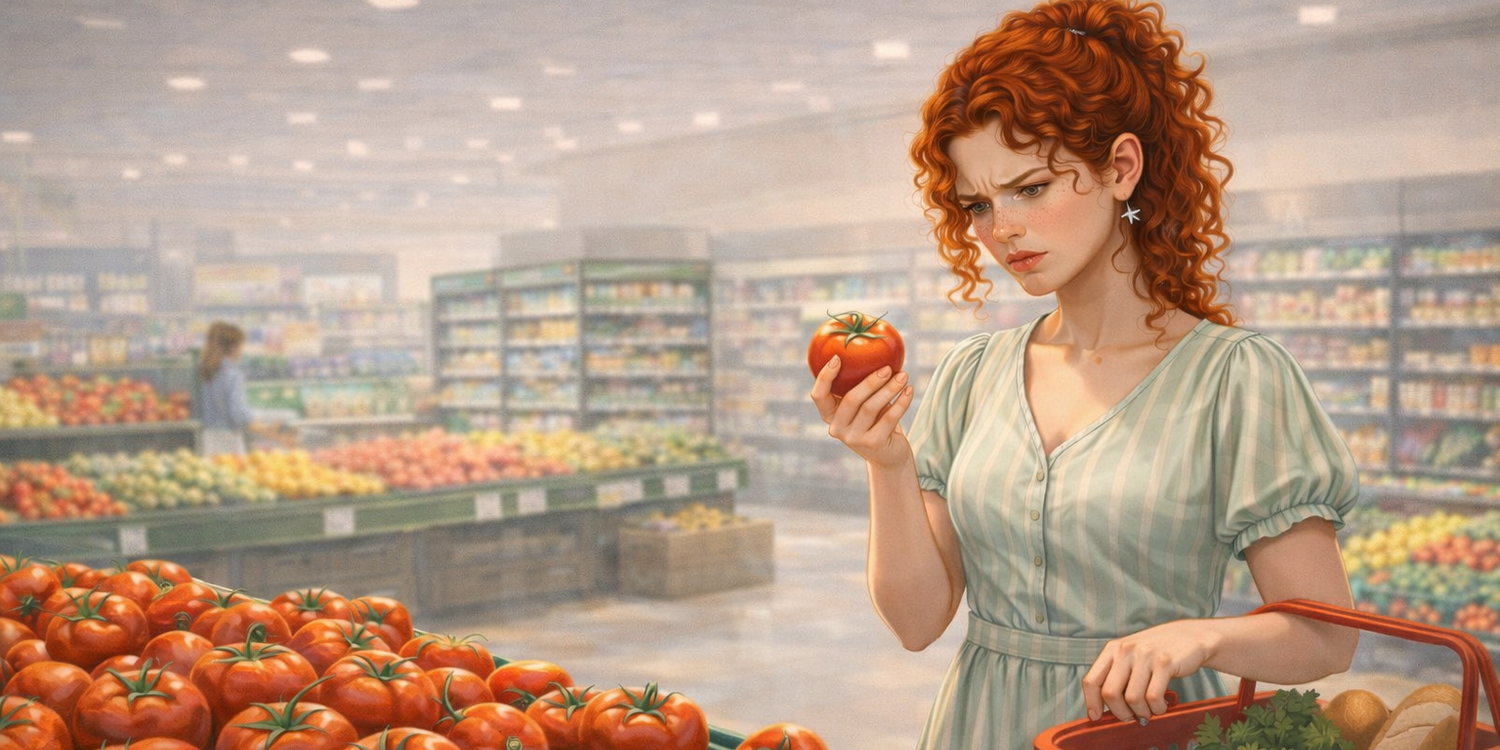 Рыжая кудрявая девушка выбирает помидоры в супермаркете
