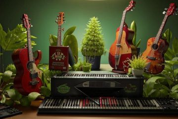 Комнатные растения с музыкальными инструментами в студии звукозаписи