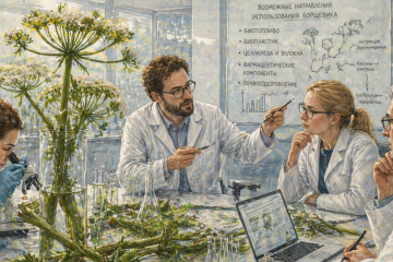 Учёные в лаборатории изучают борщевик