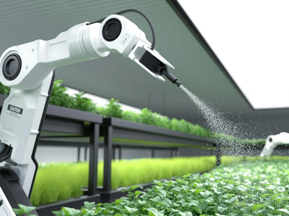 робот поливает растения на вертикальной ферме